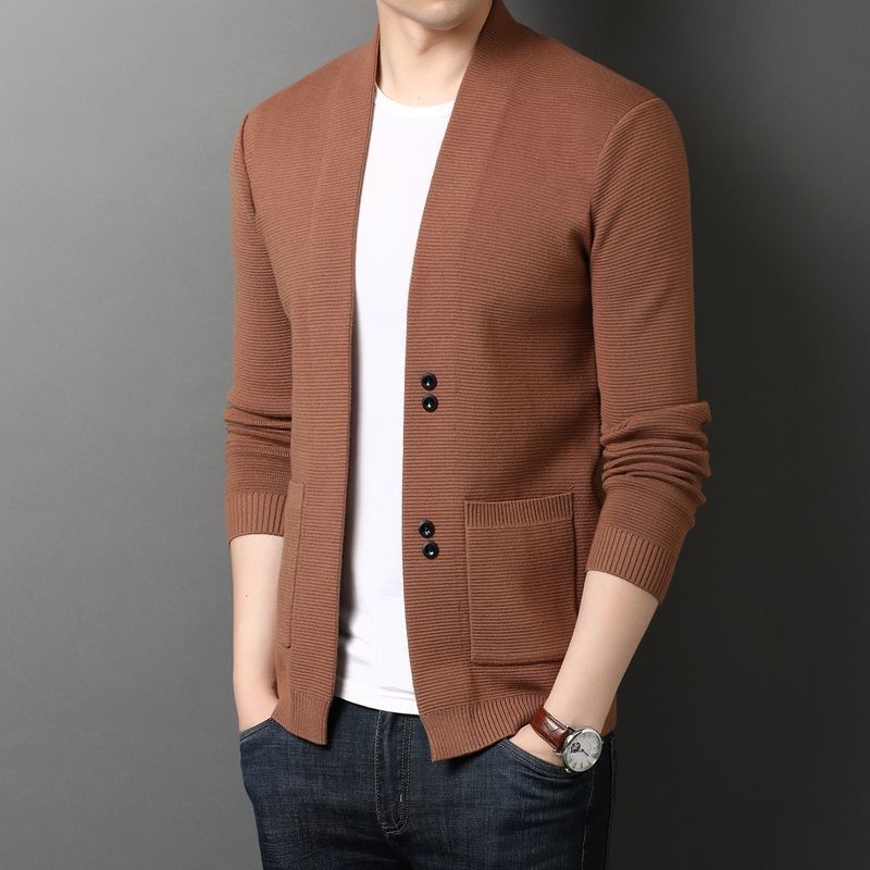 

2026 Spring and Autumn Men s Fashion Business Leisure V-neck Long Sleeve Sweater Coat Loose Versatile Solid Color Top M оранжевый