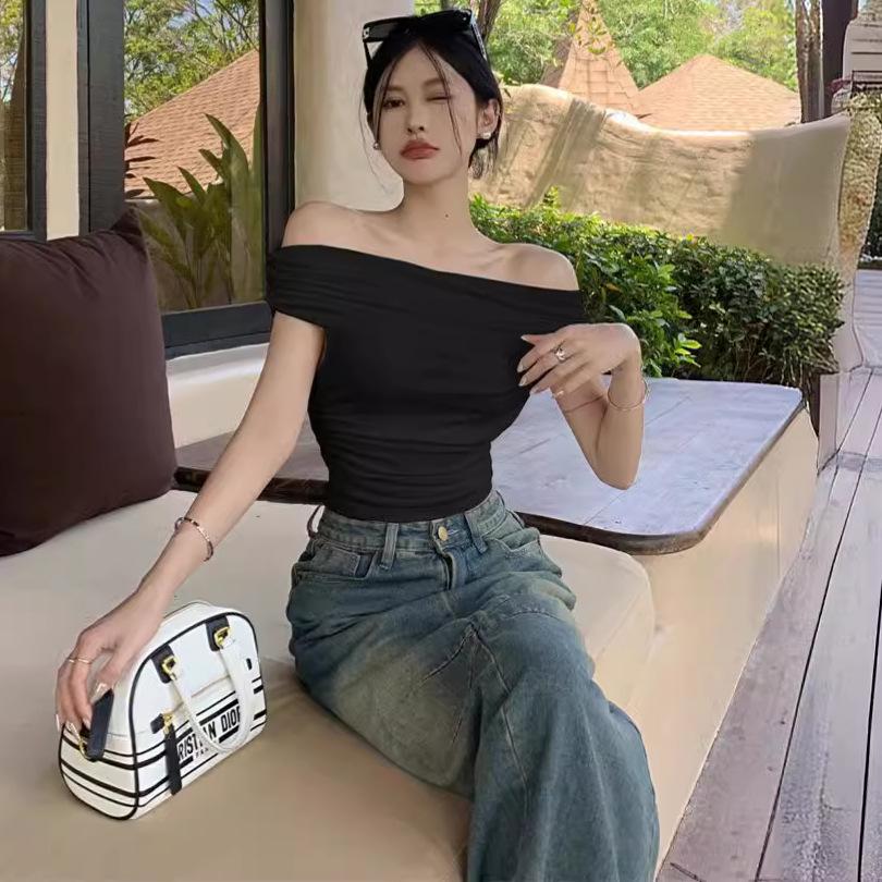 Ins Off-the-shoulder Sexy Hottie Pure Desire One-word Collar Short-sleeved T-shirt for Women's Summer Slim-fitting and Thin Bottoming Top for Women