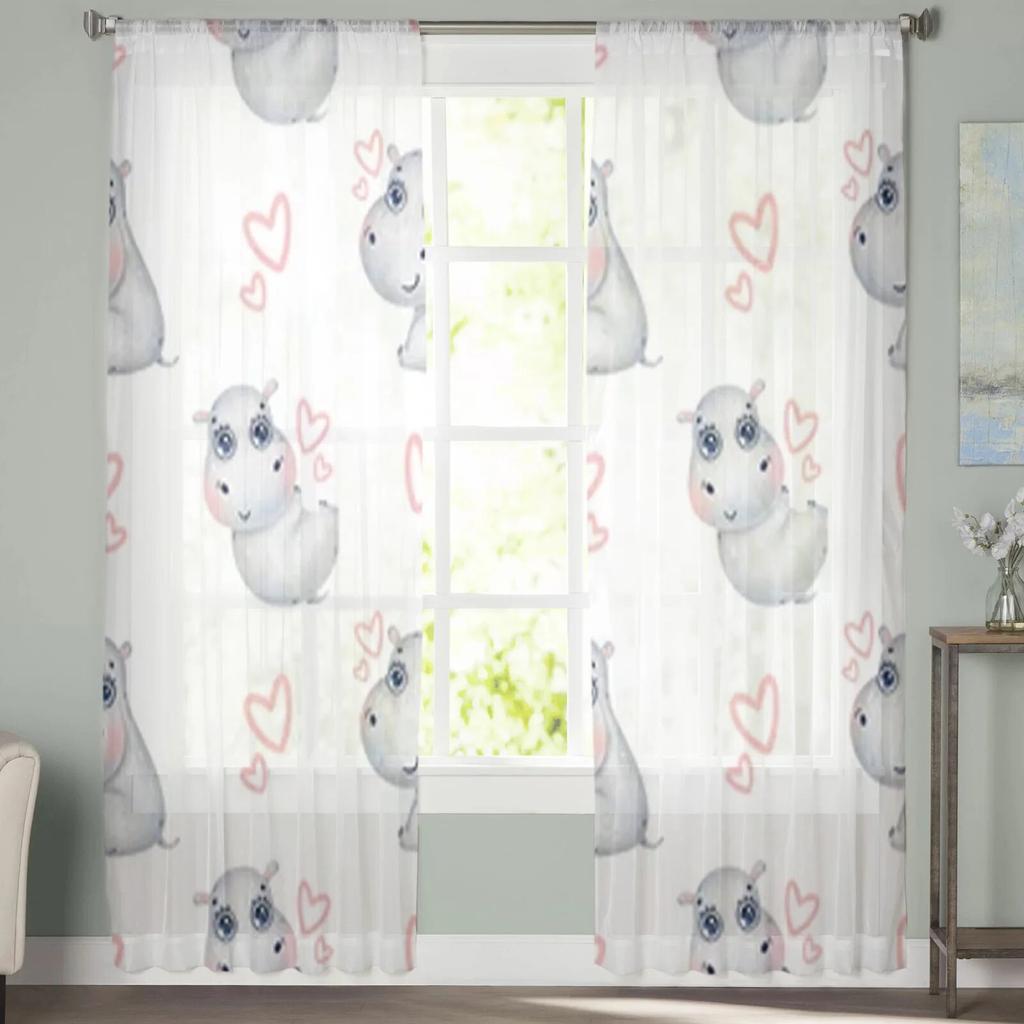 Cute Cartoon Hippos Sheer Window Curtains For Living Room Bedroom Modern Voile Tulle Curtains Fabric Drapes For Kitchen