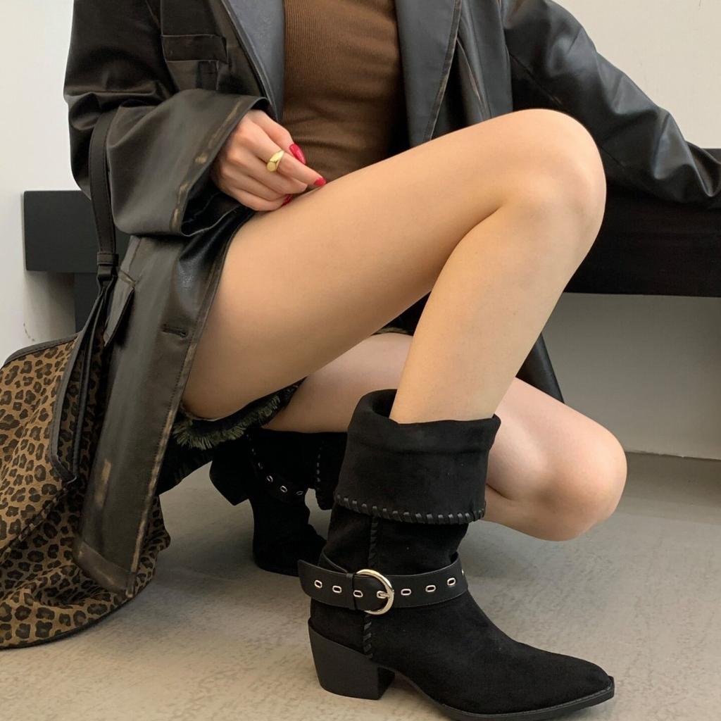 ShanGguLi French thick heel belt buckle thin boots women's autumn new temperament versatile fashion short boots