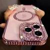 Soft Magnetic Wireless Charge Diamond Phone Case For iPhone 11 12 13 14 15 16 Pro Max Plus Glitter Magsafe Bumper Back Cover