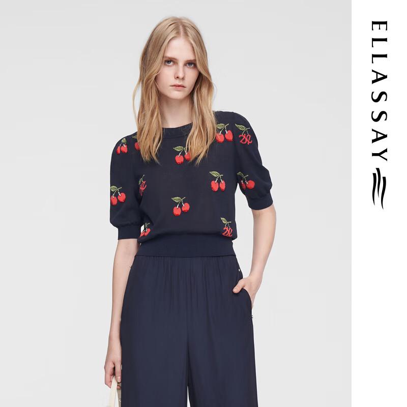 

ELLASSAY Women s Retro Cherry Logo Hand-Knitted Short Sleeve Round Neck Sweater L