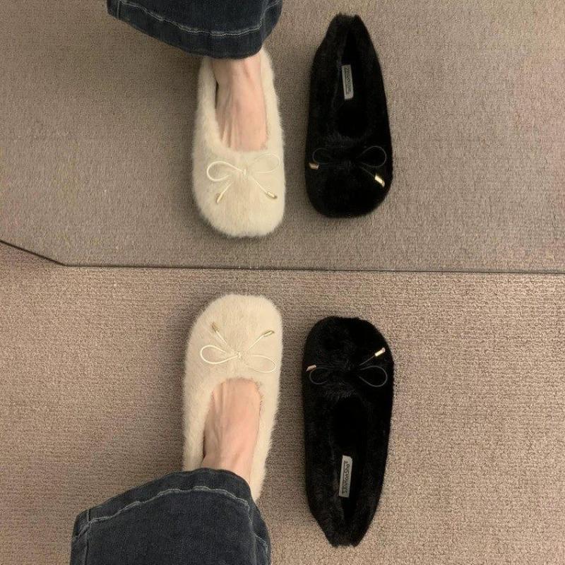 Neue Mode Damen Schuhe Ballerinas Niedrige Absätze Lässige Damen Sneaker Slipper Loafer Fell Runde Zehenpartie Flacher Ausschnitt Boot Slipper Winter