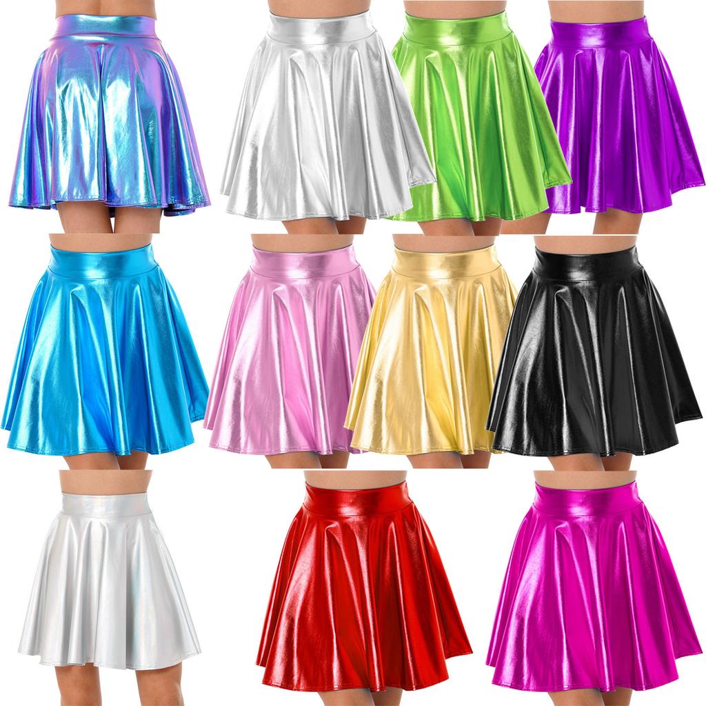 Gonna a zampa lucida a vita alta da donna Costume da palcoscenico da club Abbigliamento da ballo per feste Gonne a balze metalliche lucide