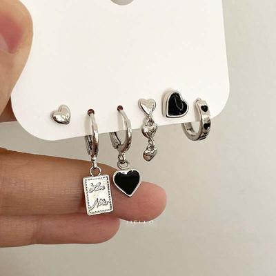 6PCS Black Heart Earrings Set for Women Simple Temperament Ladies Hoop Earrings Holiday Jewelry Gifts