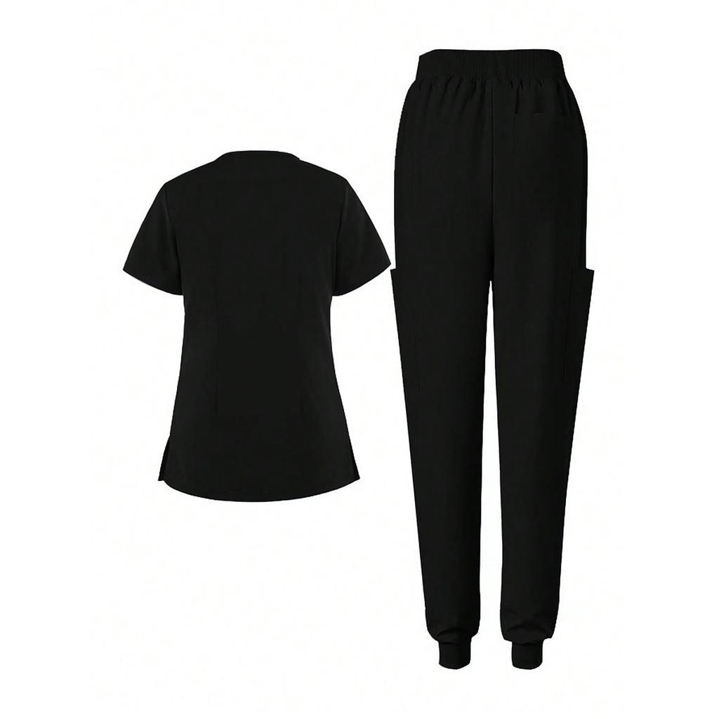 Women's Short Sleeved Solid Color V-Neck Pocket Top Pants Work Clothes Two-Piece Set