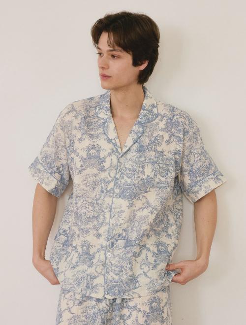 [LUNALUZ STUDIO] Men's Bijou Cottage Cotton Short-Sleeve Collar Two-Piece Set [Shipped from Korea] 100% Authentic
