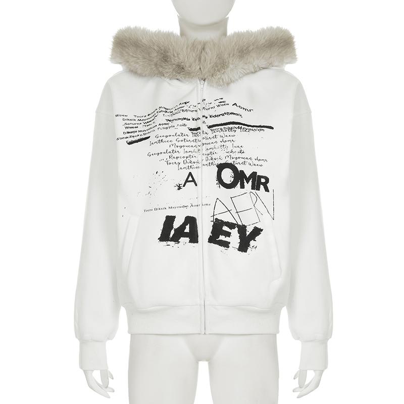 Fur Collar Hooded Zipper Coats for Women Harajuku Letter Printed Hoodies Streetwear Thick Coat Autumn Winter Jacket Y2K