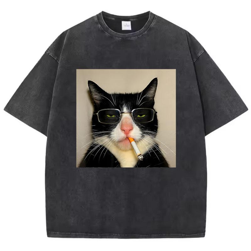 Oversize Cool T Shirt Vintage Washed Cotton T-Shirt Hip Hop Smoking Cat Graphic Tee Casual Streetwear Spring Summer