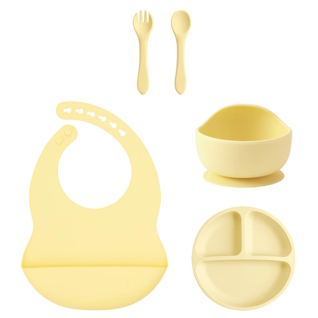 Color Kids 5-teiliges Silikon Baby Fütterungsset Saugteller Teller BPA-frei Saug-Schüssel Lätzchen Löffel Gabel Trainingsgeschirr Geschenkset