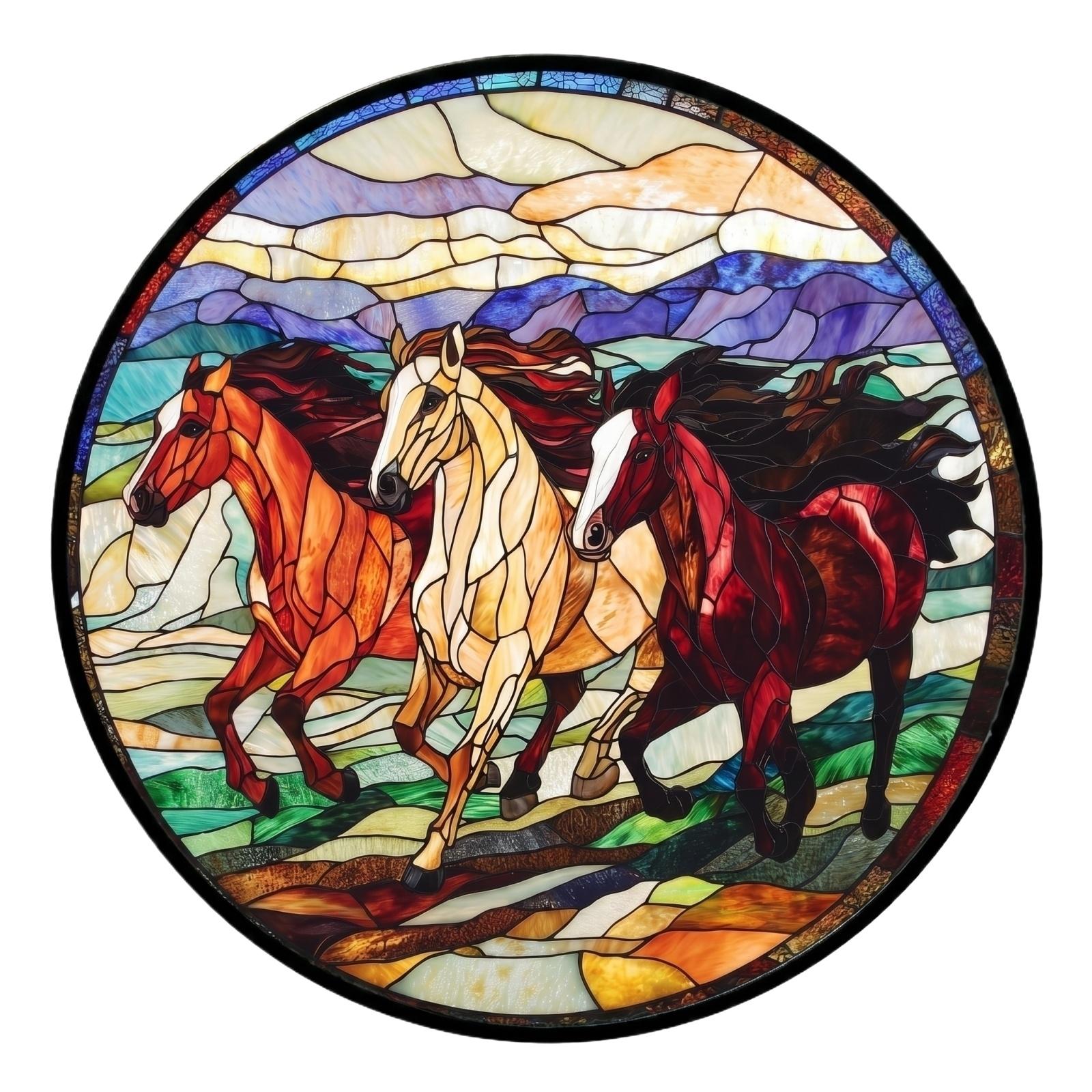 

Round Acrylic Puzzle Ornament Featuring Running Horses Design Stained Glass Style Decorative Hanging Art Piece Suitable for Home or Office Display One Size