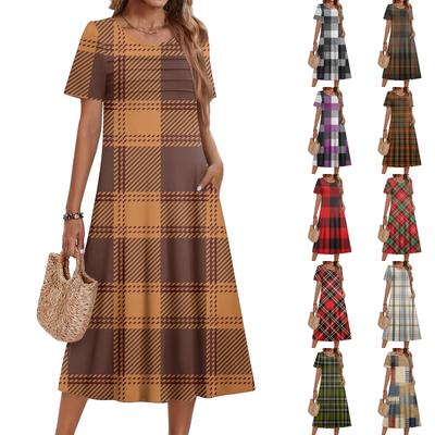 Rochie casual și la modă pentru femei, cu imprimeu carouri, cu mânecă scurtă și gât rotund
