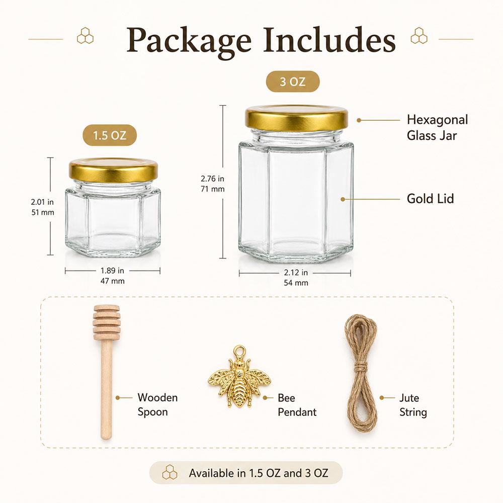 1.5/3 oz Hexagonal Mini Glass Honey Jar with Wooden Spoon, Bee Pendant and Jutes, Very Suitable for Party Gifts, Wedding Gifts