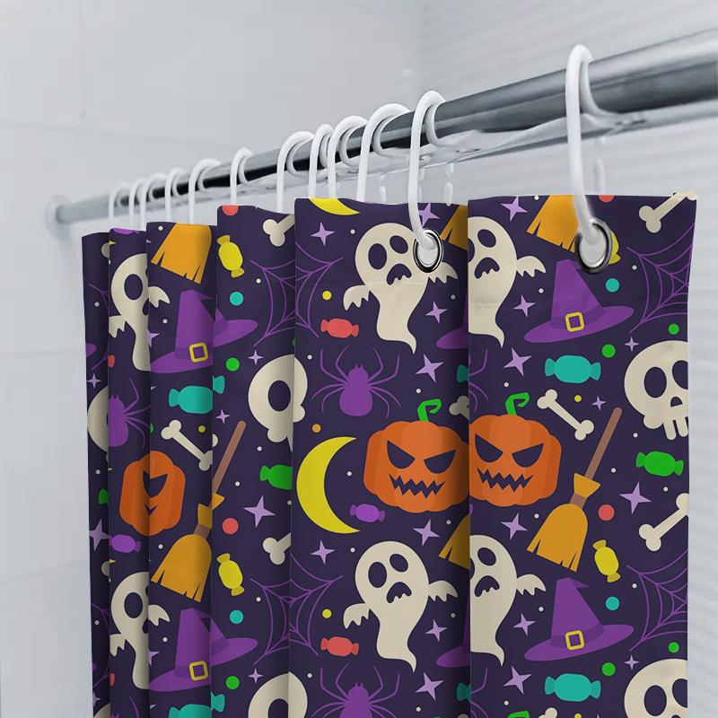 Halloween-Themed Shower Curtain With Spooky Designs Featuring Pumpkins, Ghosts, Witches Hats Candy! 100% Waterproof Fabric Suita