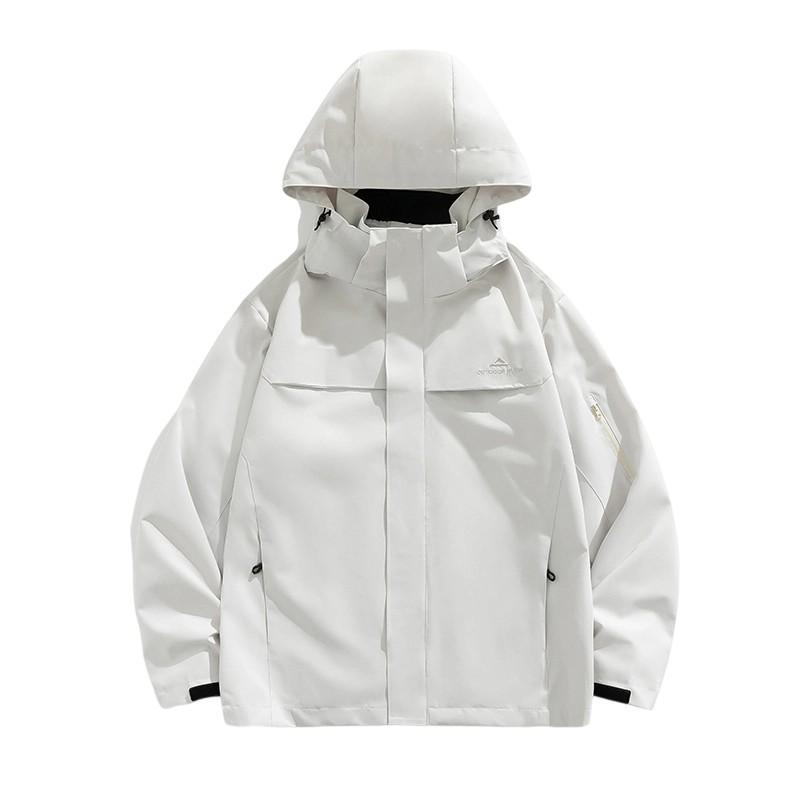 Men's Light Gray Hooded Outdoor Jacket - Waterproof Windbreaker with Zipper Pockets