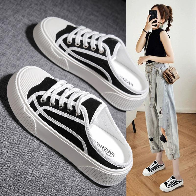 Baotou flat-soled slippers women's spring, summer and autumn canvas shoes soft-soled half slippers casual sports board shoes women's outer wear