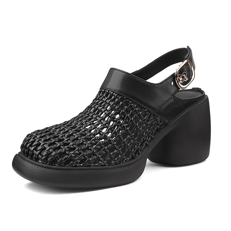Fashion Women's New Woven Round Toe Genuine Leather Cowhide Thick Sole, Thick Heel, High-heeled Toe, Mueller Sandals, Perforated Shoes