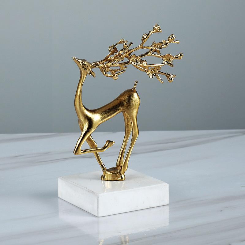 

European Metal Moose Ornament with Marble Base Gold Animal Sculpture Decorative Piece for Living Room TV Cabinet or Bar Cabinet