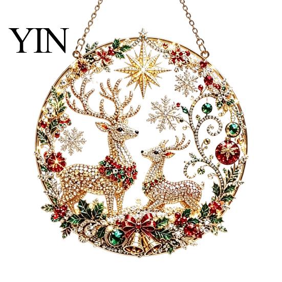 Holiday Art Decoration Christmas Faux Diamond Ornament Kit, Santa Angel Sun Catcher DIY Acrylic Detailed Printed Symbol Design Round Board,