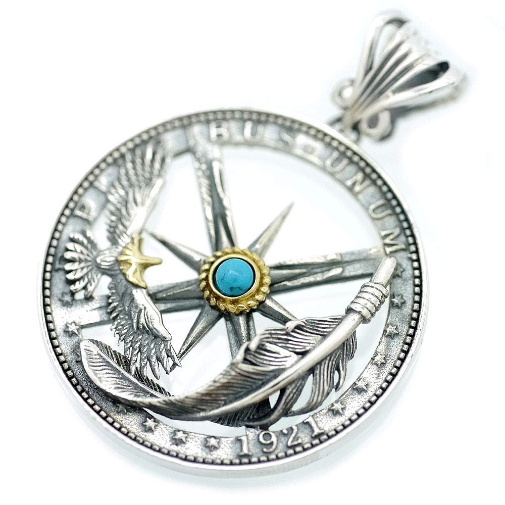 

Silver One 925 Sterling Silver Eagle and Sun Circle Pendant Top for Men, Size C3, Turquoise, Feather, Sunmark, Eagle