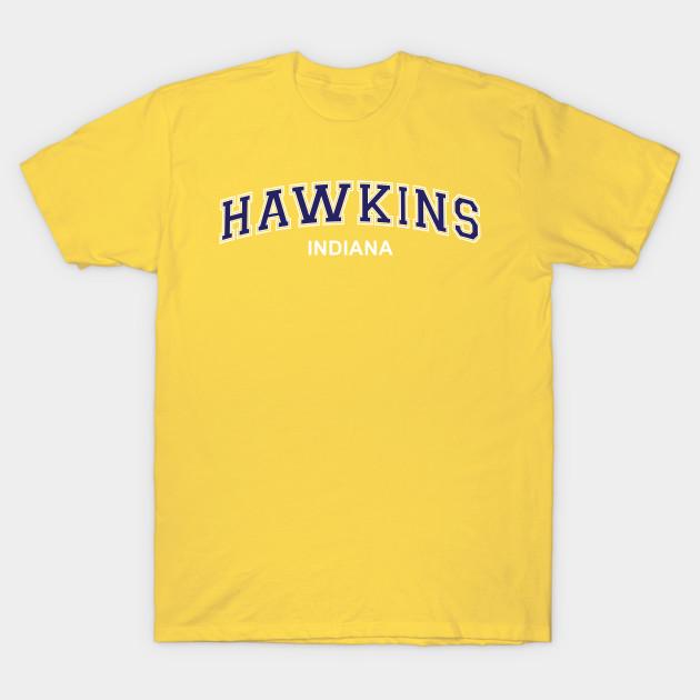Men Black Print T-shirt Stranger Things - Hawkins, Indiana - Varsity Style No-Cut Transfer Paper Print Cotton Tshirt 2XL жёлтый