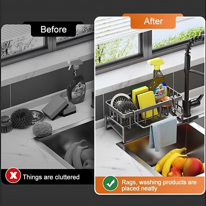Sponge Drainer Rack Wall Mounted with Towel Holder Space-saving Kitchen Sink Organizer for Bathroom Laundry Room Use