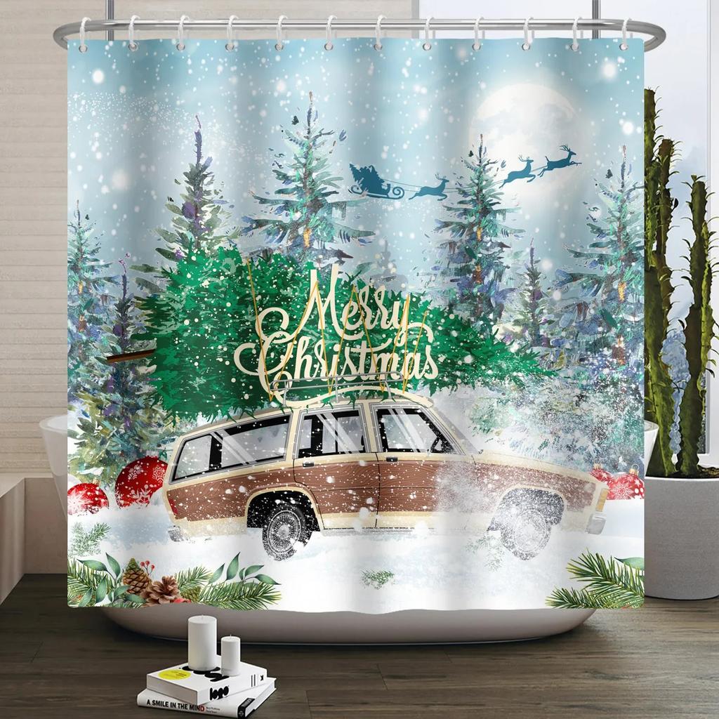 ZHL22Christmas Shower Curtain for Bathroom Waterproof Decoration with Hooks Weighted Lead Hem Heavy Duty Polyester Bath Curt2Ol%