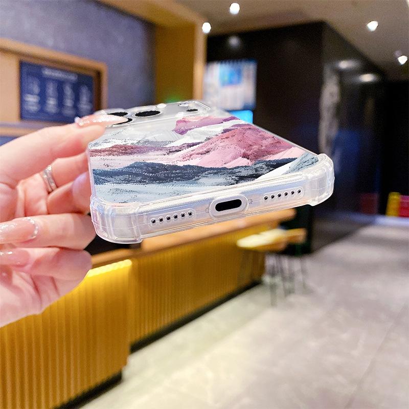 Processing and production of Nordic ins wind pink purple snow mountain four corners anti-drop mobile phone case iPhone15Pro transparent protective ca