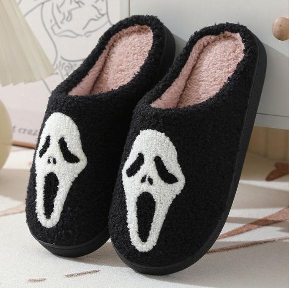 Fashion Punisher Skull Pattern Embroider Plush Home Comfortable Cotton Slippers Warm Non-Slip Indoor Slippers Halloween Christmas Gifts