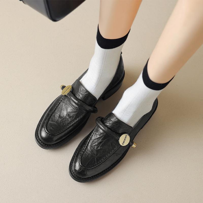Retro gullspenne tykk hæl loafer damesko britisk stil små skinnsko