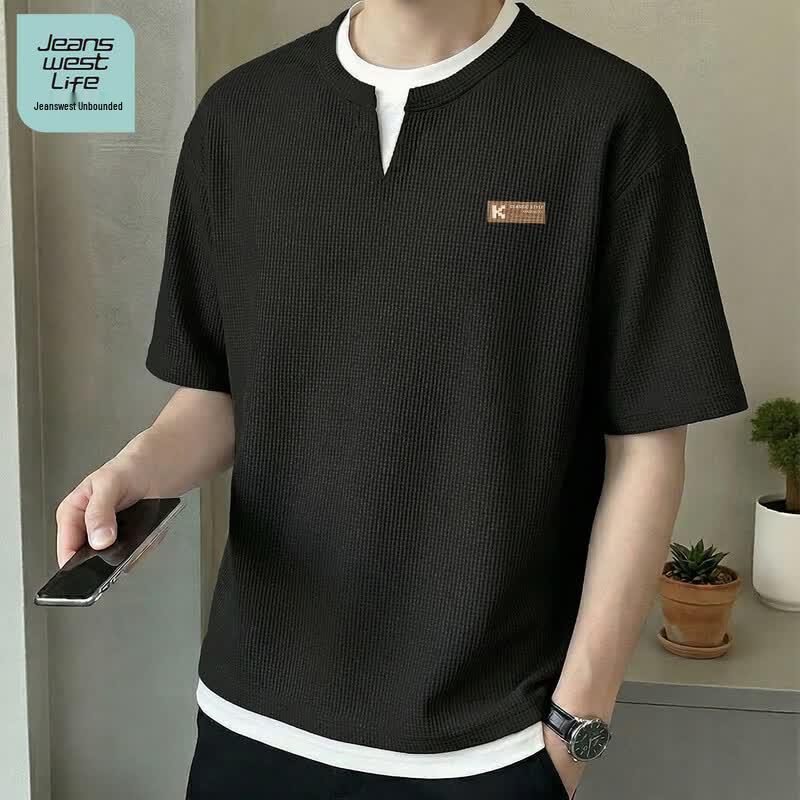 JEANSWEST LIFE Men s American Waffle V-Neck Faux Two-Piece Short Sleeve T-Shirt M