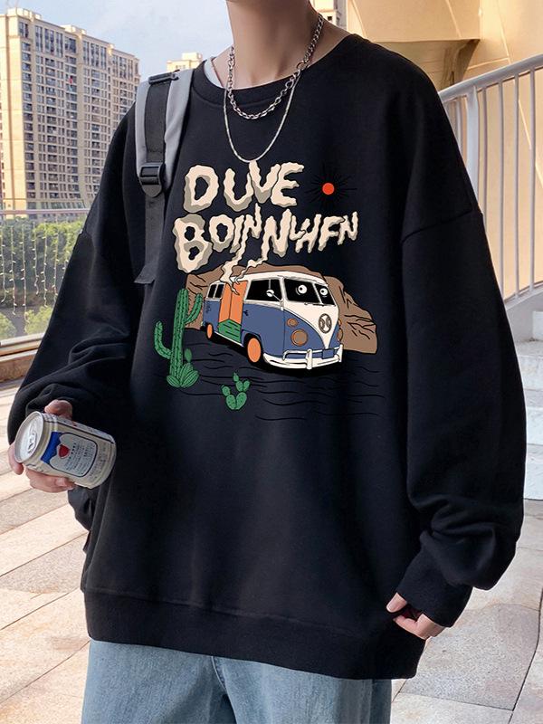 Men's American Trendy Crewneck Pullover Hoodie - Autumn High Street Print, Loose Fit, Lazy Style Long Sleeve Top