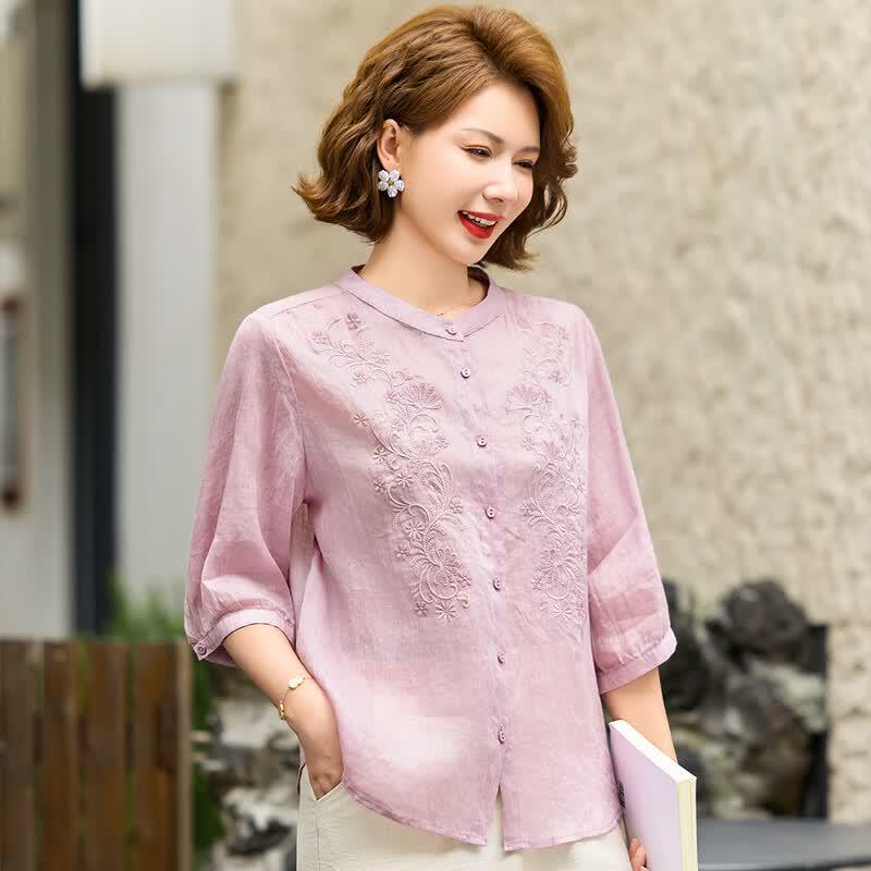 Women s New Chinese Style Embroidered Ramie Blouse L