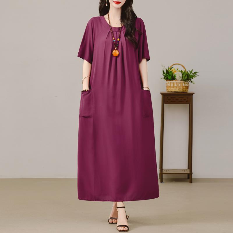 Women's Plus Size Maxi Dress, Boho Print Loose Short Sleeve Casual Dress with Pockets (XL-5XL)