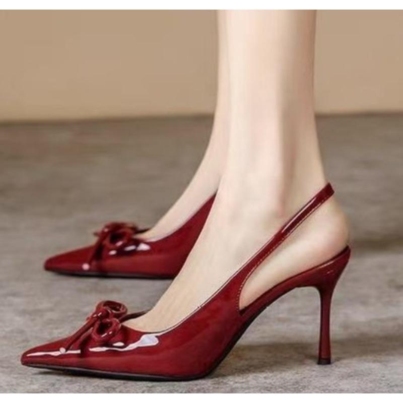 Fashion Black High Heels Women's Heels New Style Pointed Bow Thin Heel Professional Summer Red Sole One Button Toe Sandals Zapatos Mujer