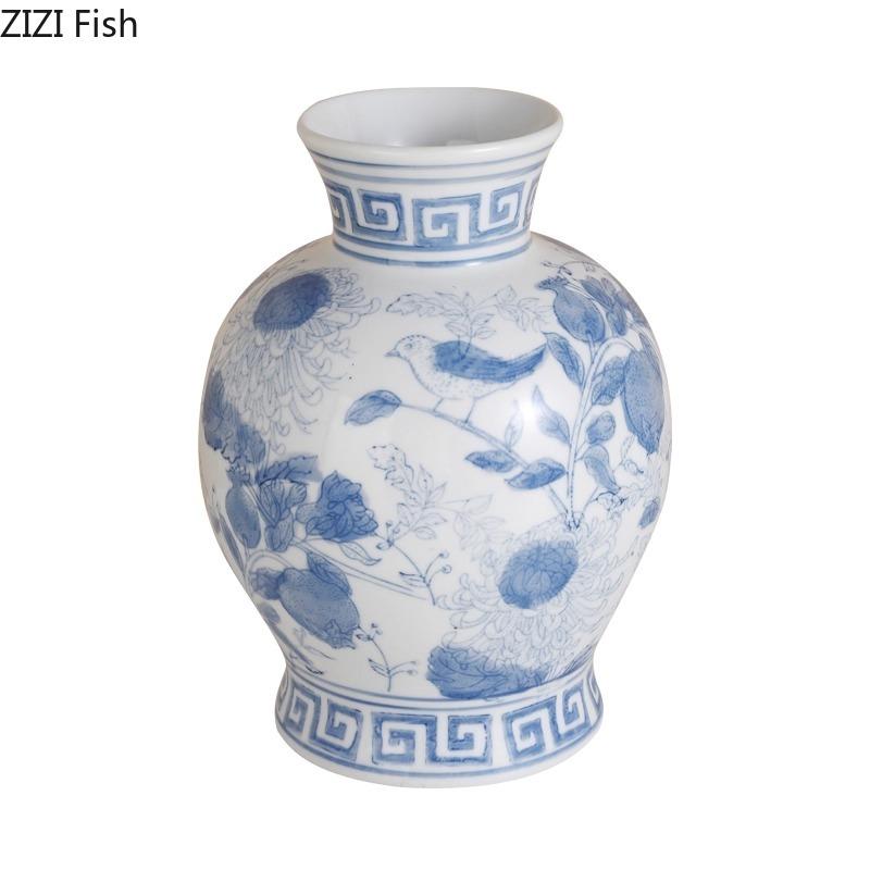 Neoclassical Blue and White Porcelain Vase Table Decoration Floral Print Texture Flowers Arrangement Vases Room Aesthetic Decor