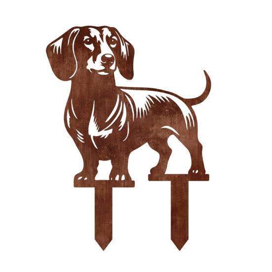 Süße Hund Blumenbeet Dekoration Metall Dackel Gartenstecker, Rostige Tier Silhouette Dekorativer Hof Wetterfester Pfahl Kunst für Draußen Rasen, Weg,