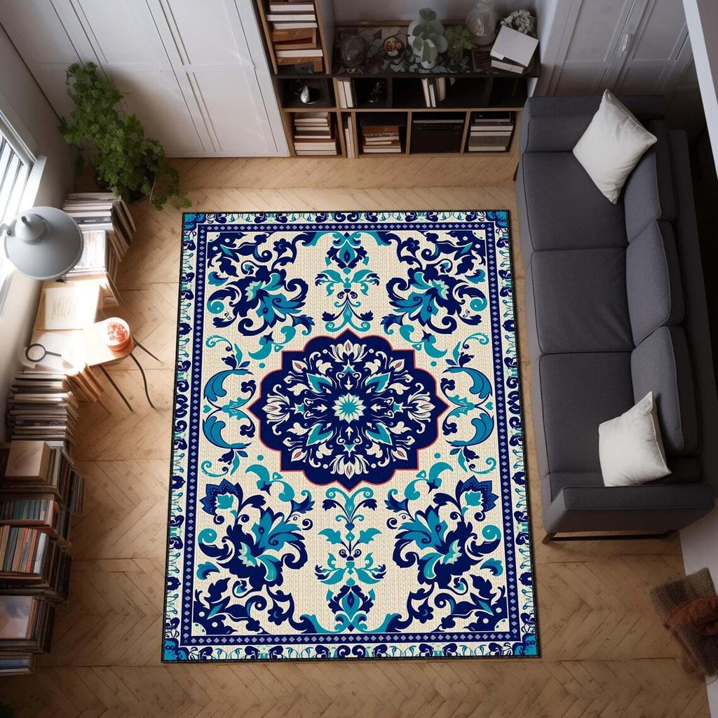 Blue Turkish Kilim Art Deco Rug Classic Oriental Carpet, Boho Woven Floor Mat for Vintage, Eclectic, Mediterranean Decor, Rug