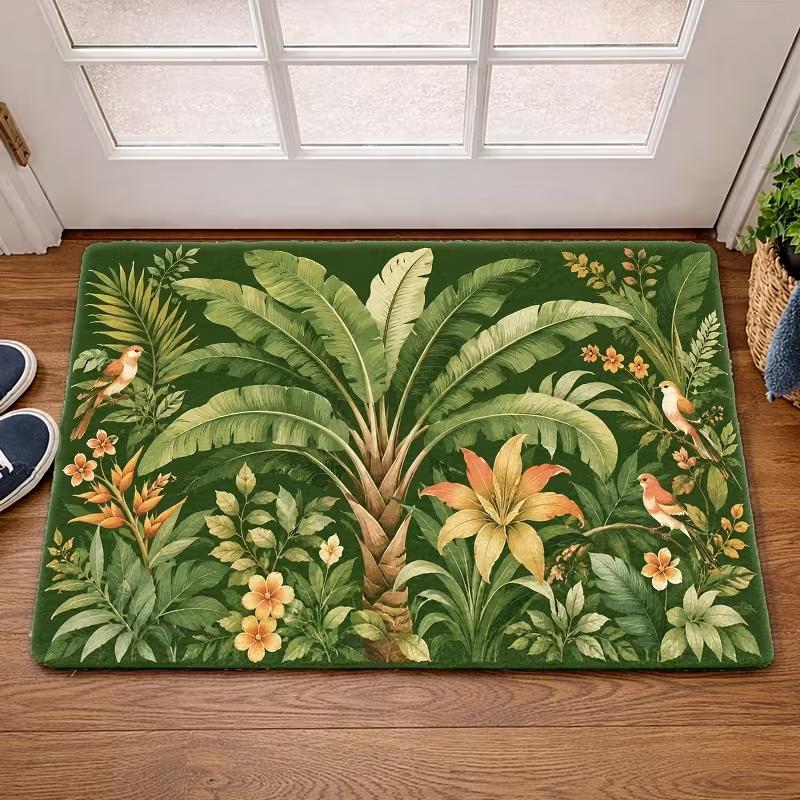 Vintage Tropical Banana Leaf Bird Door Mat Non Slip Entrance Doormat Jungle Palm Floral Pattern Floor Rug for Front Door