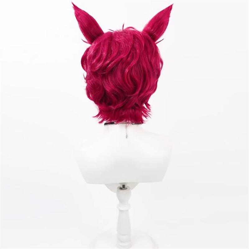 Zestaw Peruki Cosplay Gra LOL Heartsteel Sett 30cm Krótka Kręcona Bordowa Peruka Męska Odporna na Ciepło Syntetyczna Peruka + Czepek do Peruki