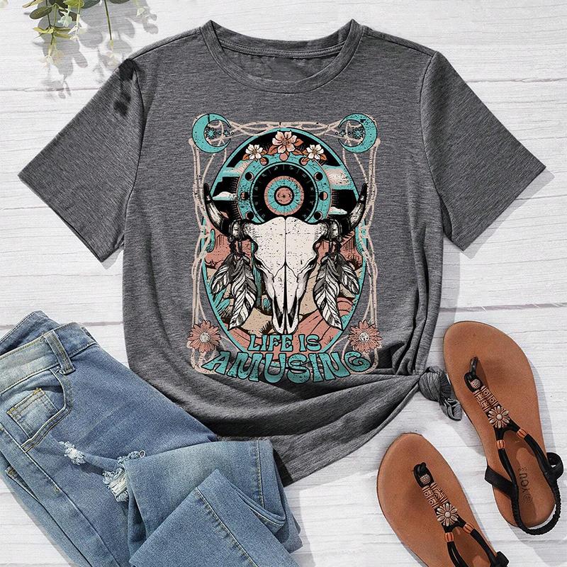 Mode Kvinnor Djur Ko Skelett Blomma Tryck T-shirt Rolig Casual O-hals Kortärmad T-shirt Sommar Dam T-shirt