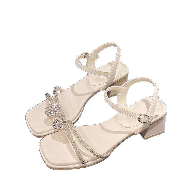 One word with crystal thick heel women's sandals 2025 new fashion bow fairy style beautiful open toe simple