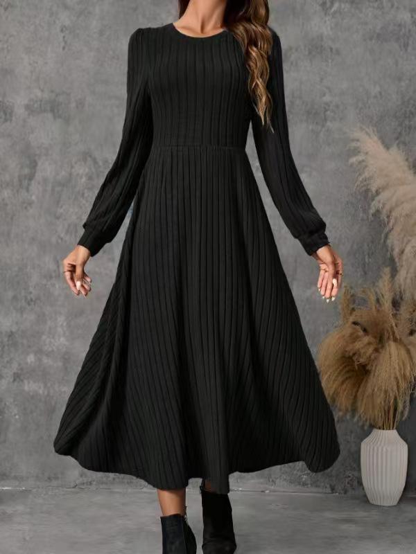 2025 Autumn/Winter Women's A-Line Knit Long Sleeve Dress - Solid Color Round Neck