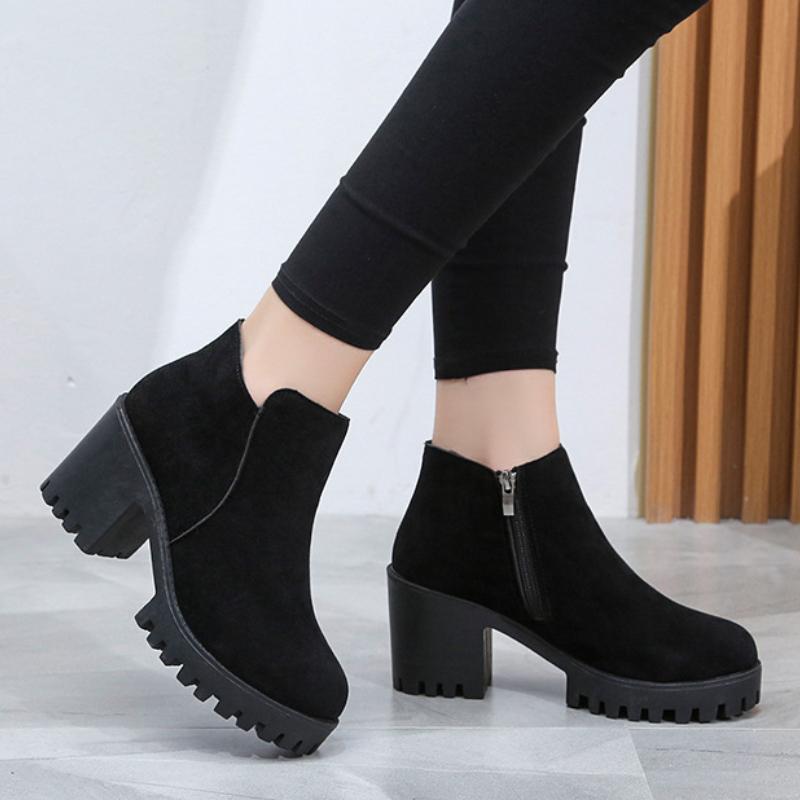 Trendy Women's Ankle Boots 2024 Autumn and Winter New British Style Round Head Side Zipper Thick Sole Temperament Women's Shoes