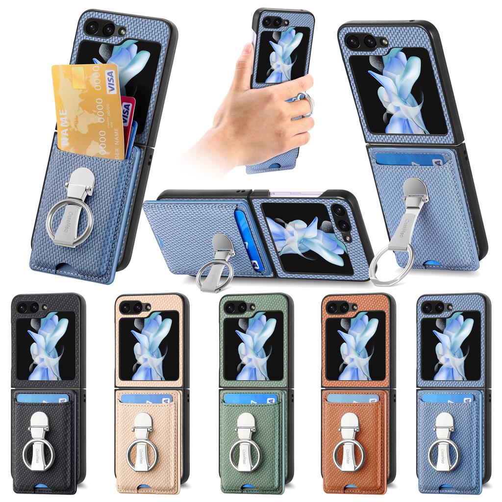 Folding Ring Holder Card Solt Carbon Fibre Wallet Case For Samsung Galaxy Z Flip 6 5 4 3 5G Flip6 flip5 Stand Vertical Bag Cover
