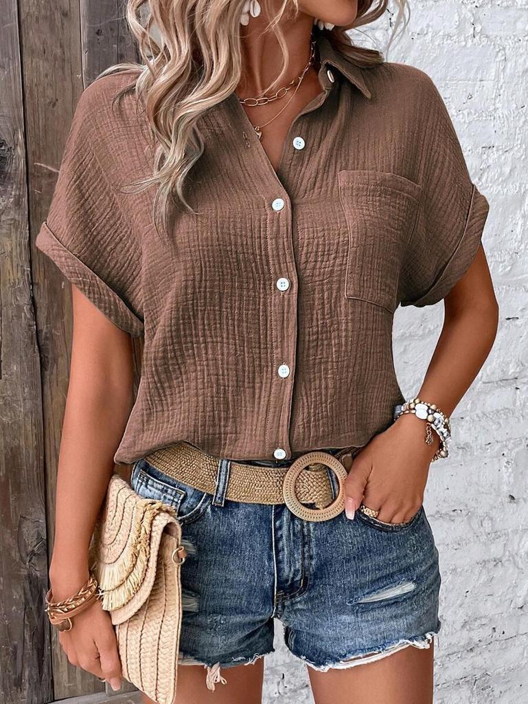 European American Women's Cotton Shirt - 2026 Summer Collection: Solid Color Casual Button-Up