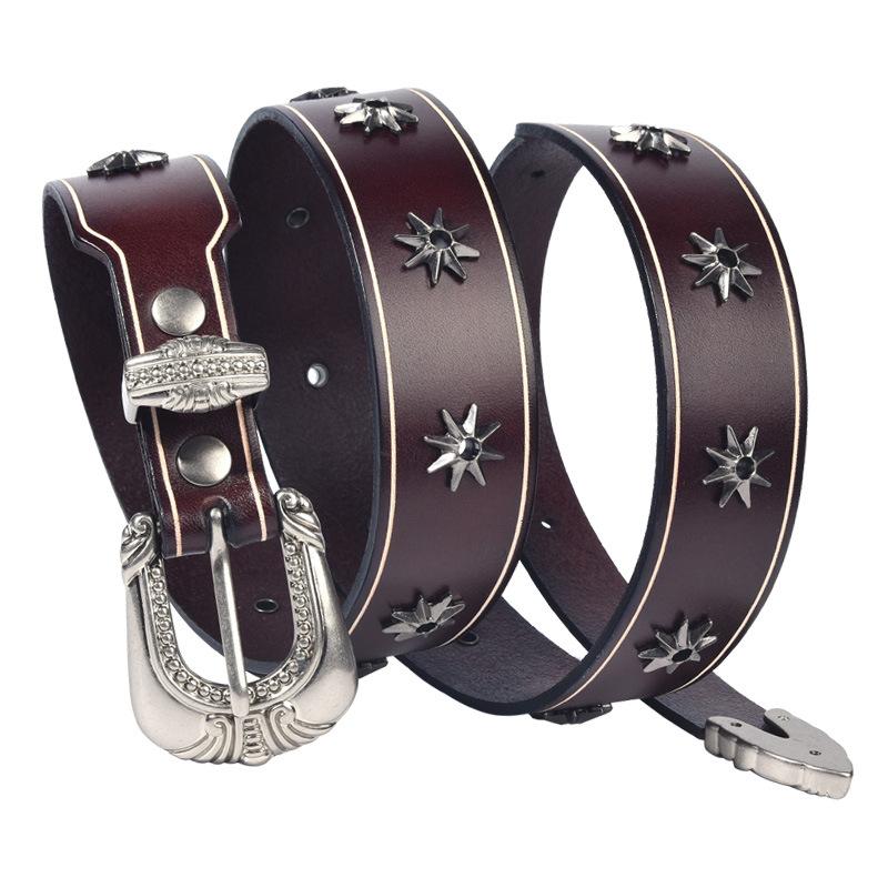 

3.8cm Genuine Leather Cowboy Belt Buckle Vintage Metal Star Rivet Punk Belts for Men Cross Rock Jeans Belt Ceinture Homme Bronze 125cm кавовий