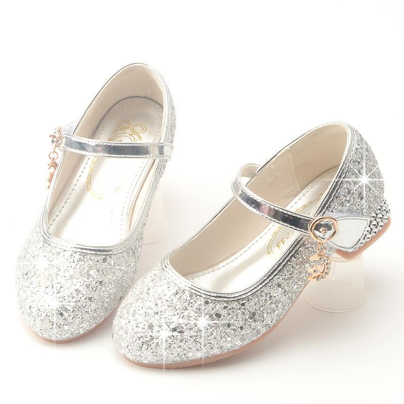 

Spring girls leather shoes with sequins and rhinestones, princess crystal shoes, children s single shoes, little girls silver performance leather 27Code/18cm серебряный
