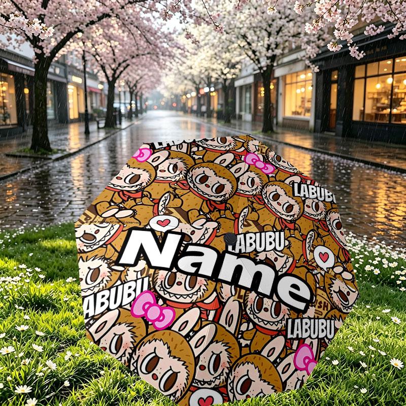 Custom Name Personalized Labubu Print Umbrella, Auto Open Close, 8‑Rib Sturdy Frame, Commute Camping Hiking Use, Birthday Gift