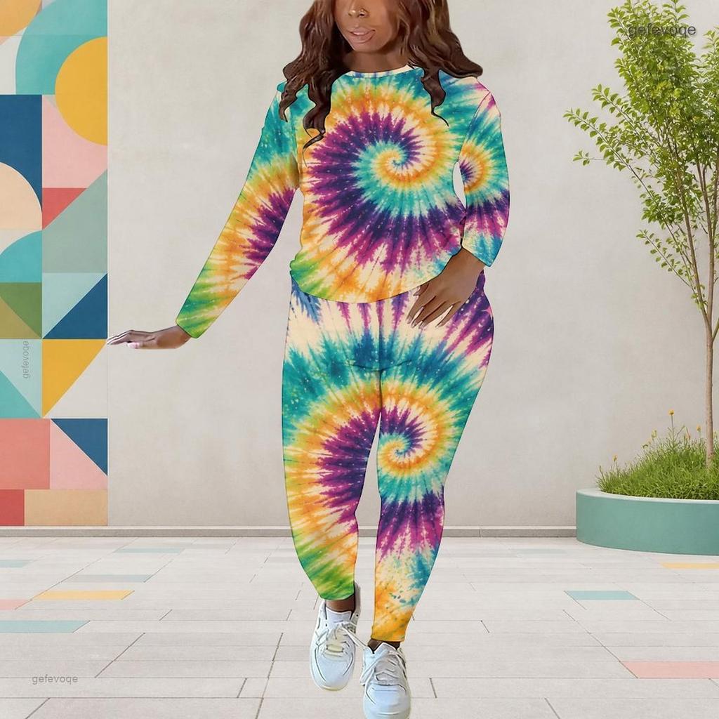 Women Plus Size Round Neck Long Sleeve Printed Top And Fitted Pants Two Piece Set